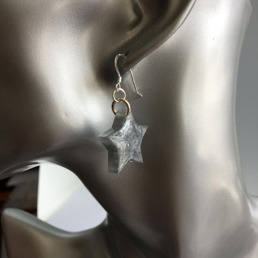 Dark rainbow gold shimmer star dangle earrings on sterling silver.