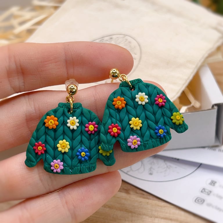 Cottagecore Flower Jumper Earrings - Teal Knit Effect Polymer Clay Jewellery