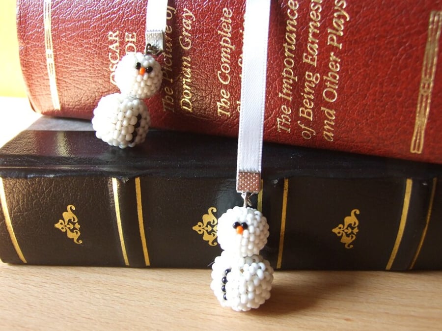 Beaded Snowman Hand Woven Beaded Beads White Ribbon Bookmark