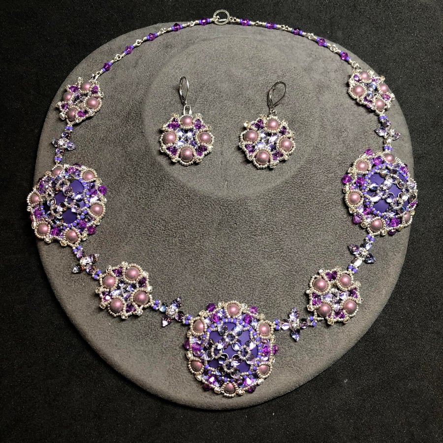 Purple Rain Seed Bead and Crystal Necklace and Earring Set, Handmade