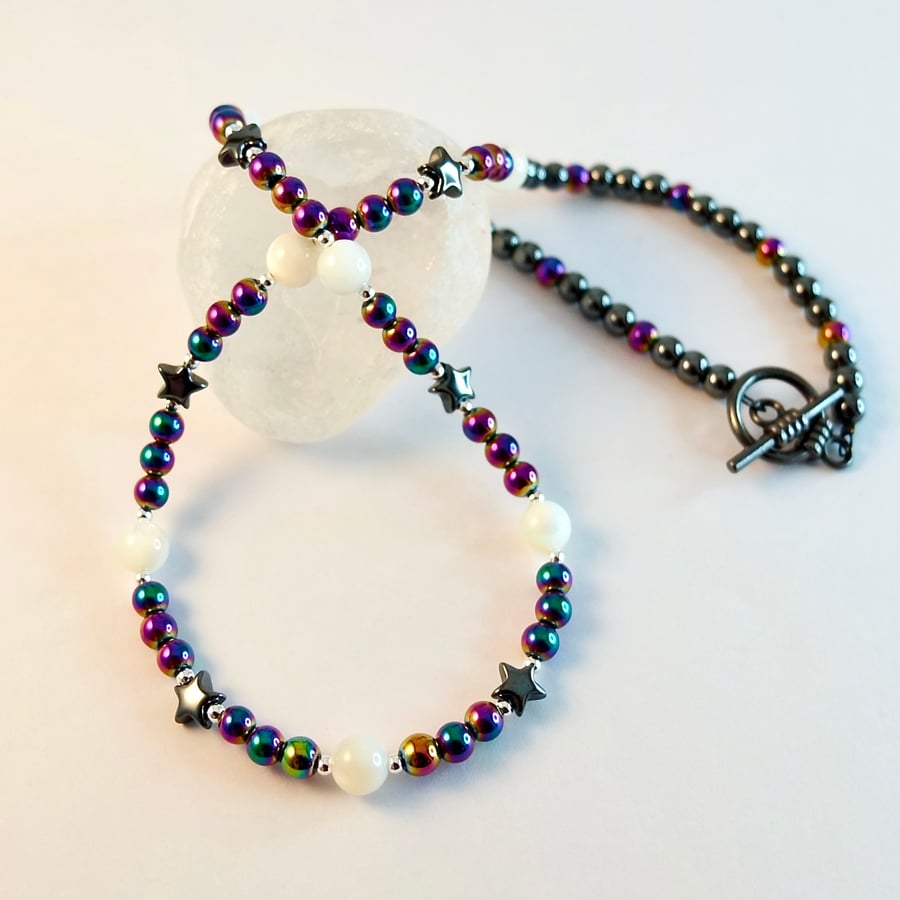 Hematite Star & Mother Of Pearl Necklace - Birthday, Anniversary, Gift For Her