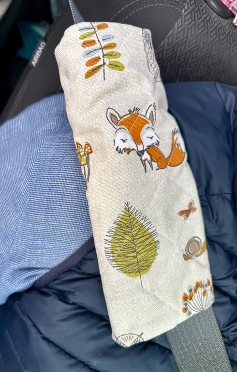 Pair of quilted seatbelt pads - owl, fox and evergreen woodland design