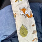 Pair of quilted seatbelt pads - owl, fox and evergreen woodland design