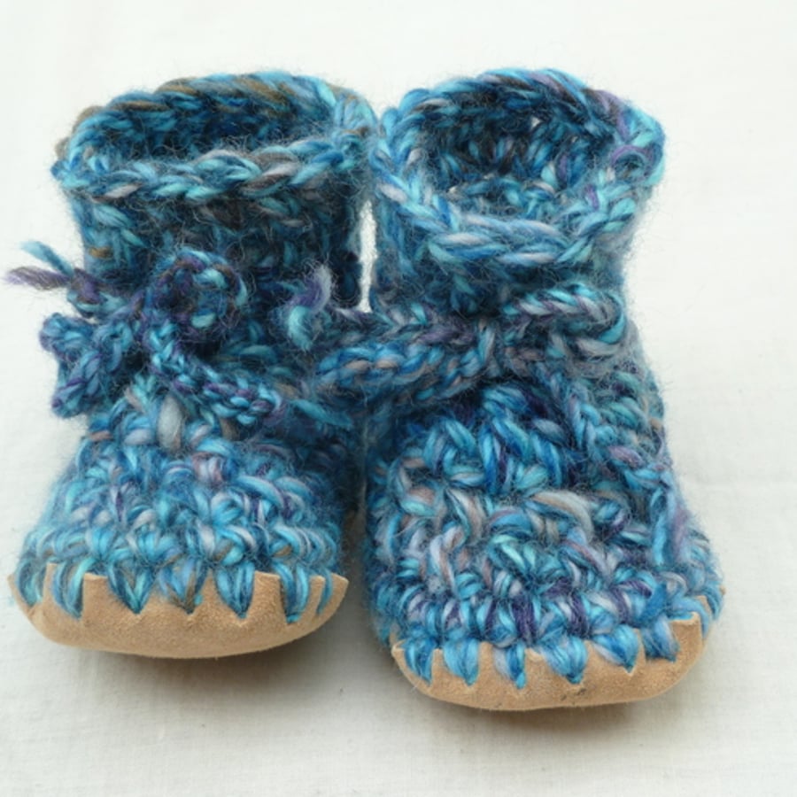 Wool & leather crochet baby boots blue turquoise mix 12-18 months