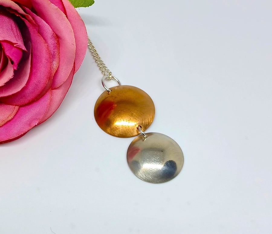 Copper and Sterling Silver Domed Disc Pendant, Mixed Metals Pendant, Duo Disc Pe