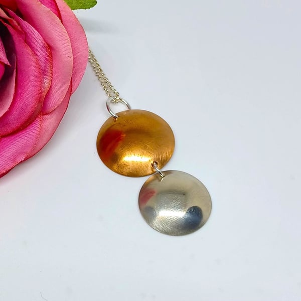 Copper and Sterling Silver Domed Disc Pendant, Mixed Metals Pendant, Duo Disc Pe