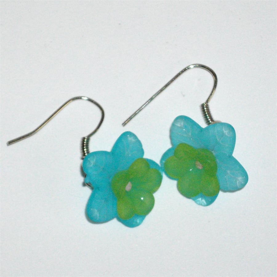 Pretty Blue and Green Flower Earrings - UK Free Post