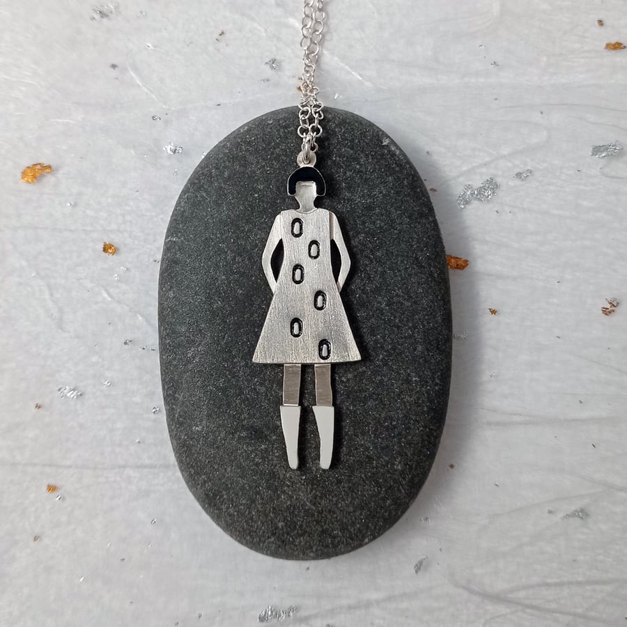 sterling silver 1960s figurative pendant - handcrafted figure necklace