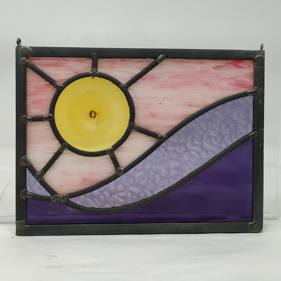 SOLD Stained glass sunset wave leaded panel 