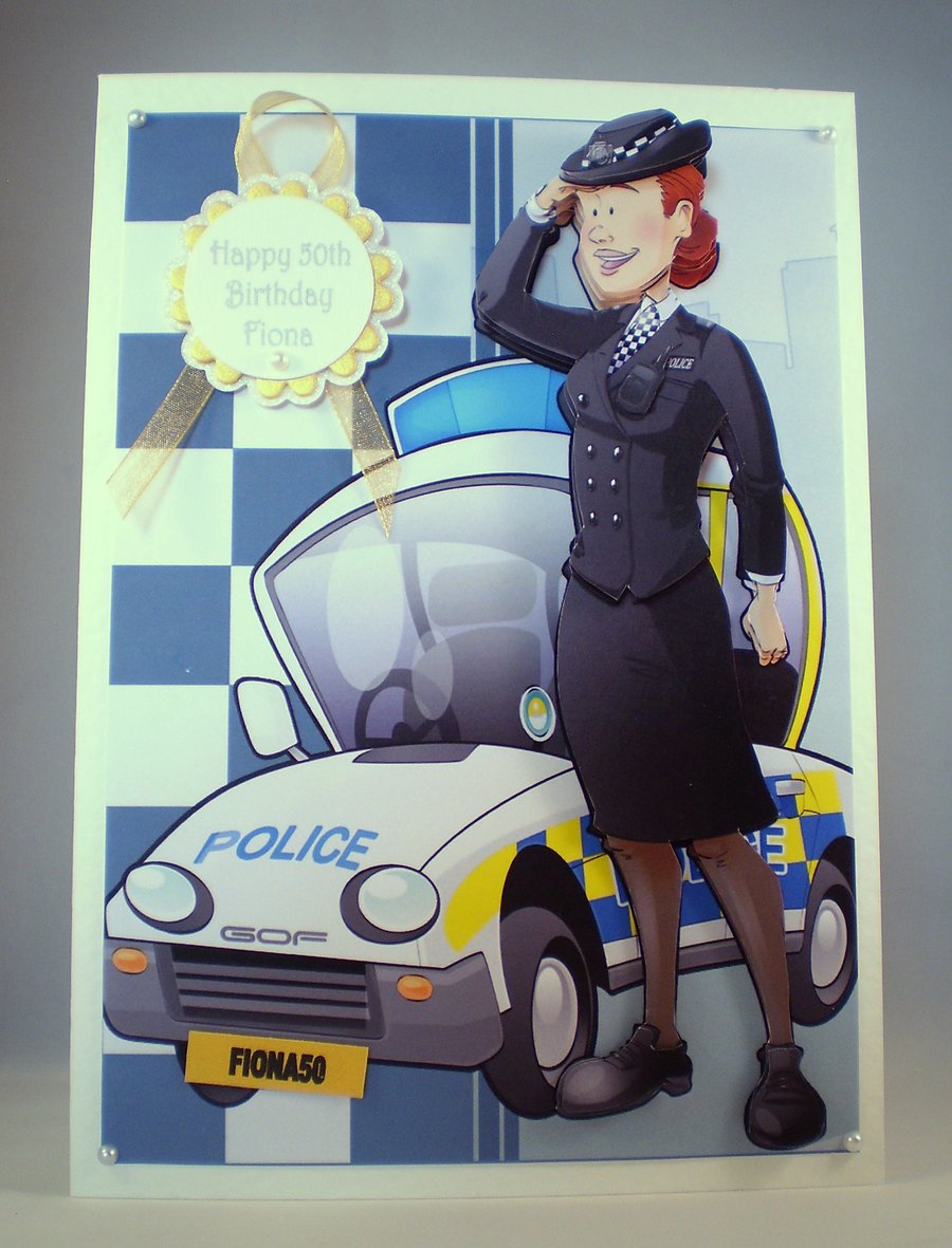 Policewoman 3D Birthday Card,decoupage,handmade,personalise,