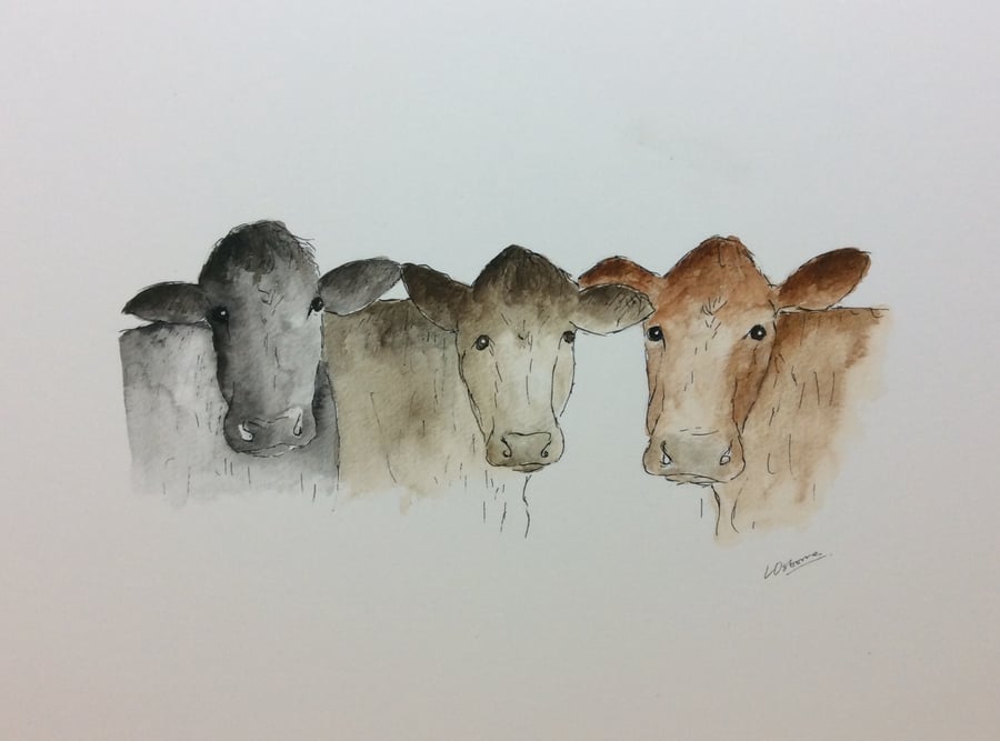 Three cows -  Waiting for lunch - signed print from illustration