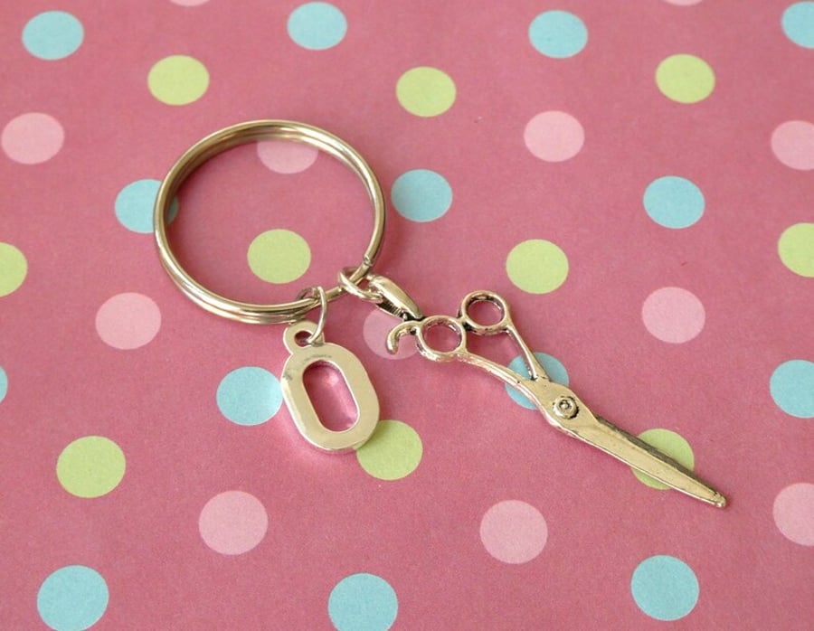 Silver scissor initial keychain