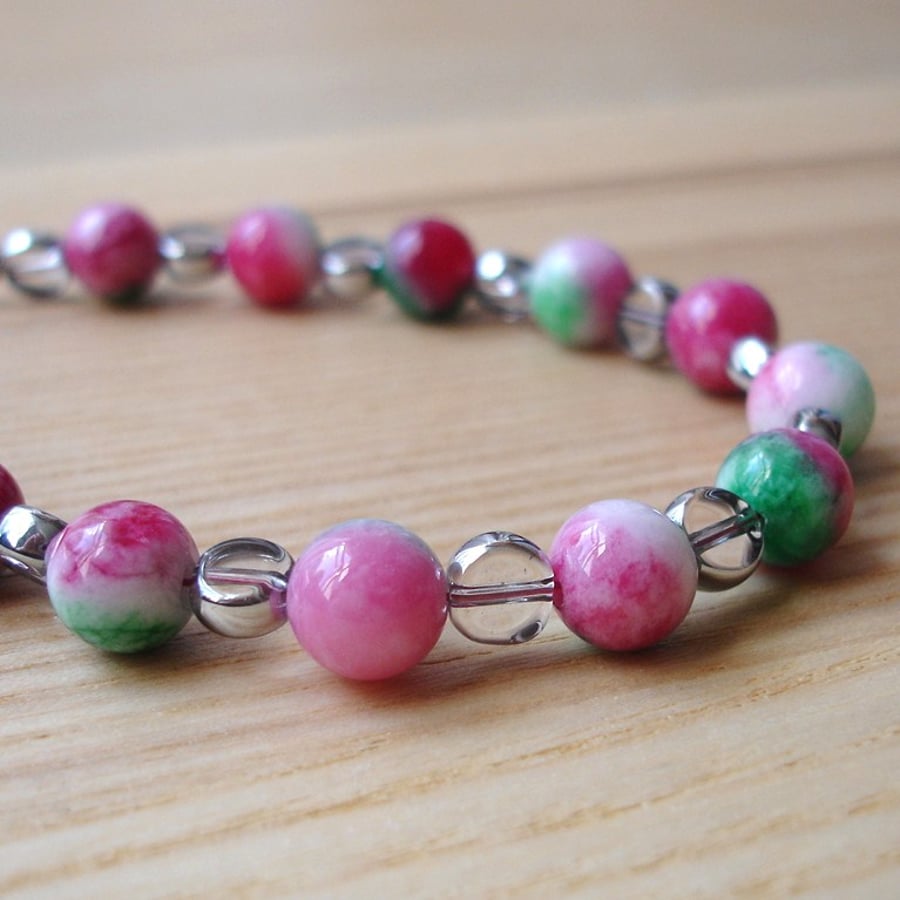 Pink and Green Mottled Glass Bead Bracelet