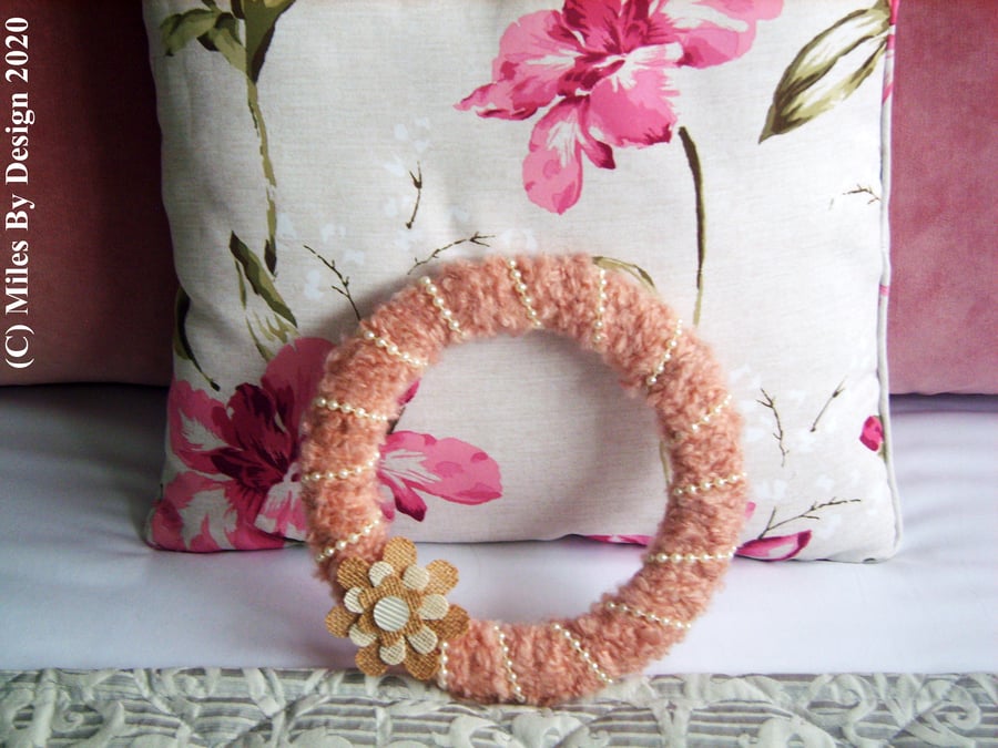 Hanging Blush Pink Wool & Pearl Wreath 