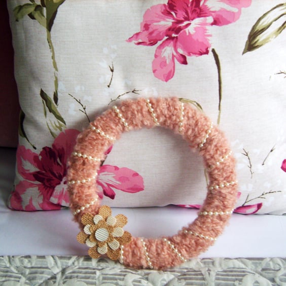 Hanging Blush Pink Wool & Pearl Wreath 