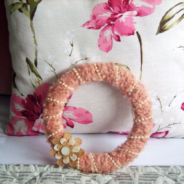 Hanging Blush Pink Wool & Pearl Wreath 