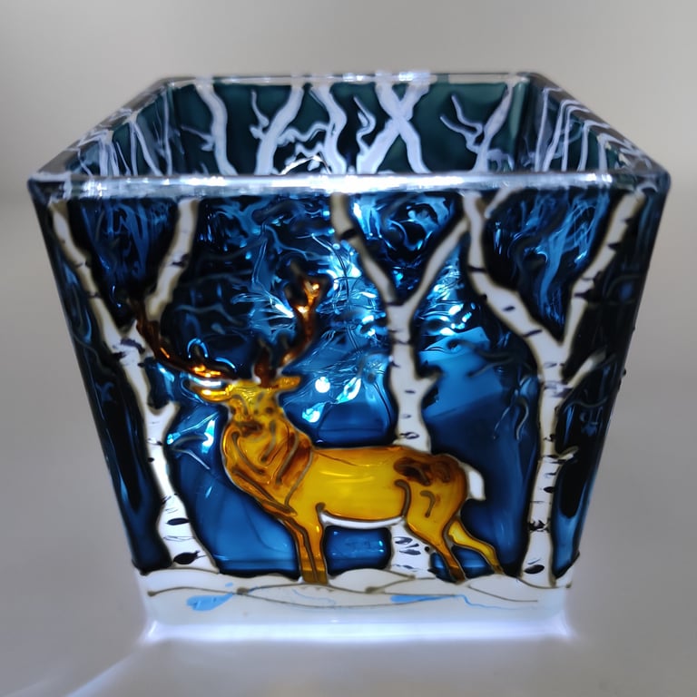 Candle holder, hand painted glass, Red deer stag in a snowy forest