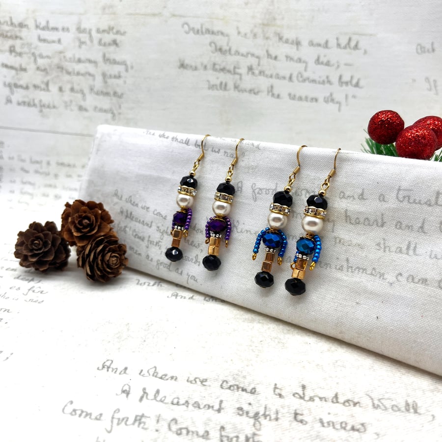 Blue or Purple crystal nutcracker soldier diamante earrings festive gifts