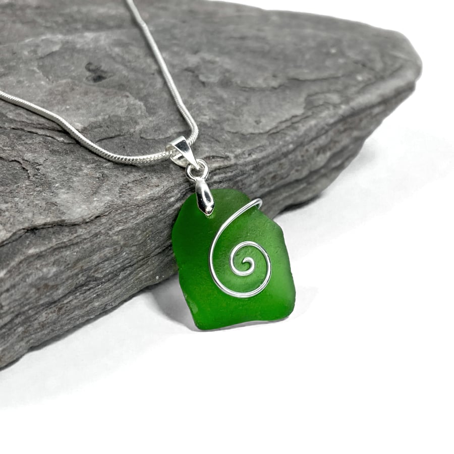 Sea Glass Pendant - Green Beach Glass - Handmade Celtic Necklace Jewellery