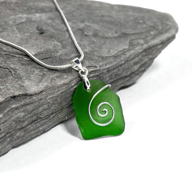 Sea Glass Pendant - Green Beach Glass - Handmade Celtic Necklace Jewellery