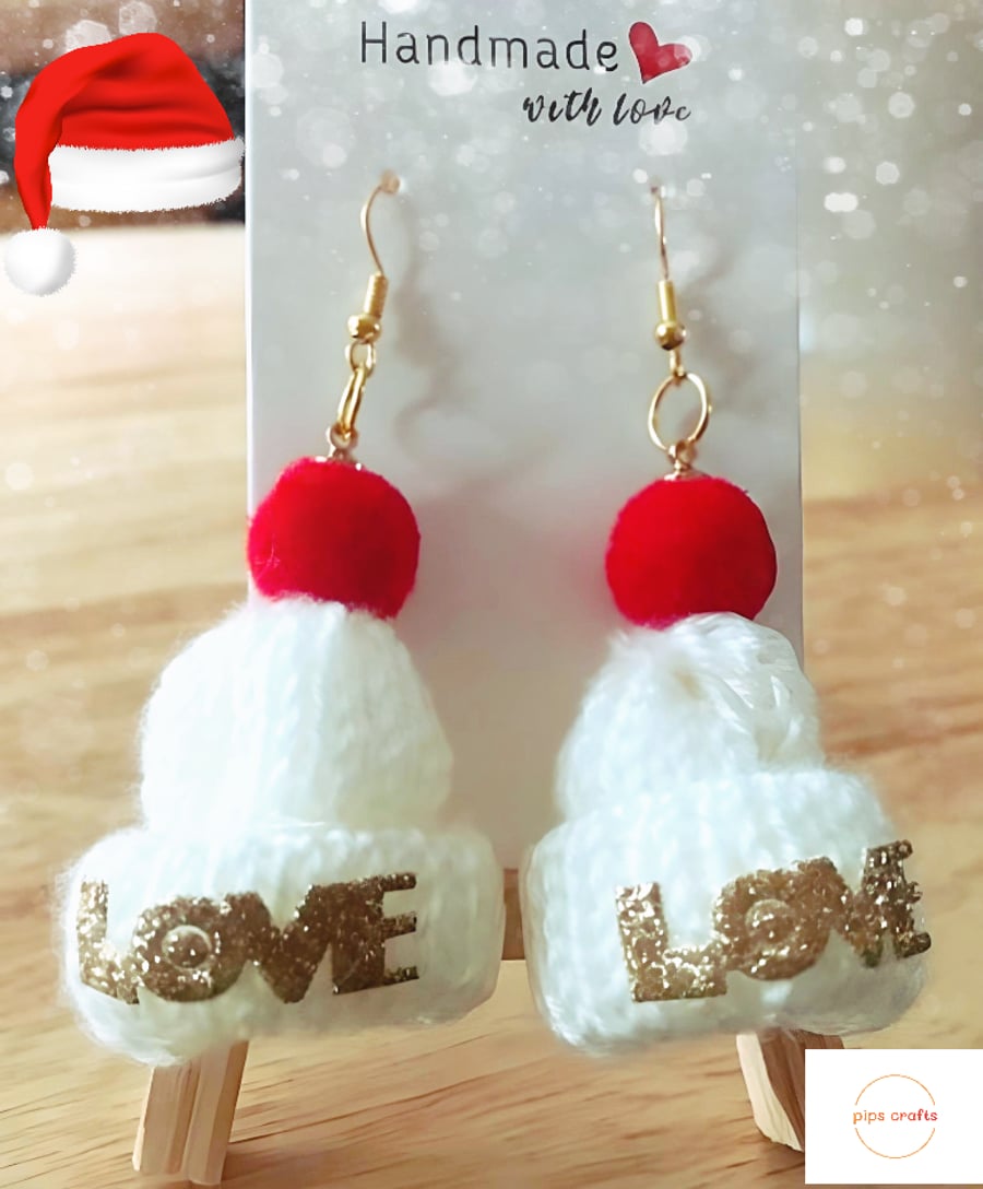 Quirky Cream Knitted Bobble Hat Earrings, Christmas Jewellery for Pierced Ears