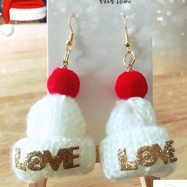 Quirky Cream Knitted Bobble Hat Earrings, Christmas Jewellery for Pierced Ears
