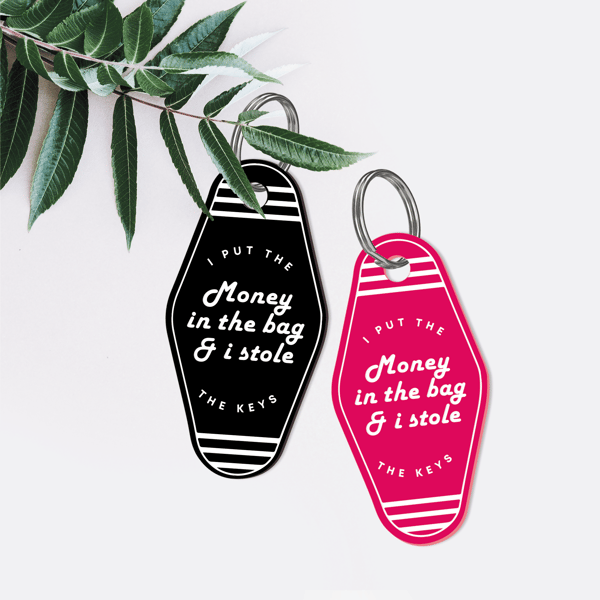 Money In The Bag - Retro Keyring: Motel-style Keychain, Getaway Car