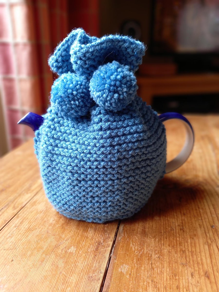 Hand knitted 2 pint (4 cup) tea cosy in Cornish Blue