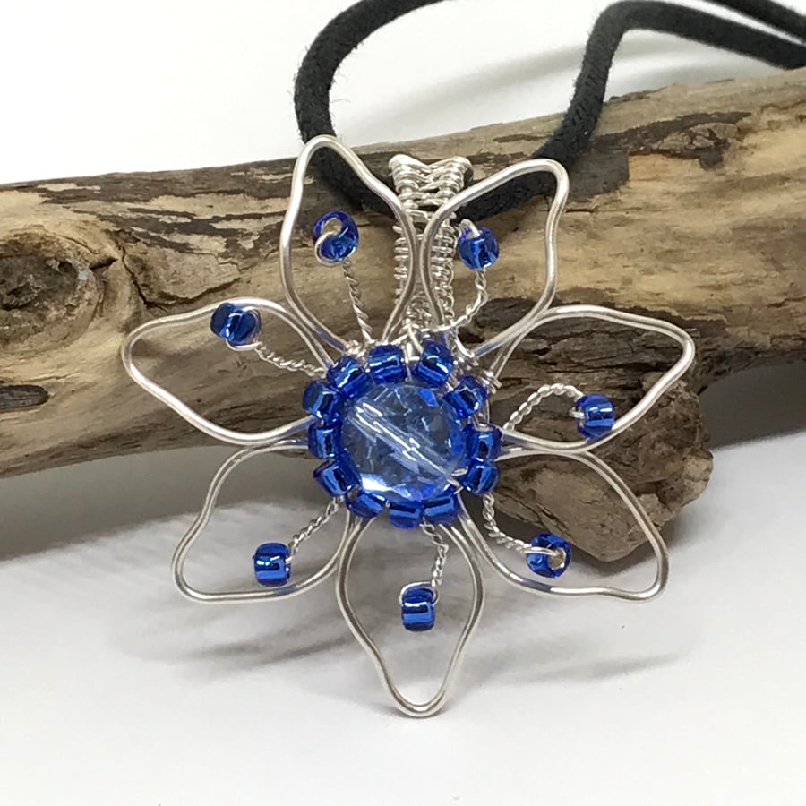 Flower Pendant, Silver Plated, Blue and Silver