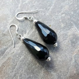 Sterling Silver and Faceted Black Onyx Drop Earrings 