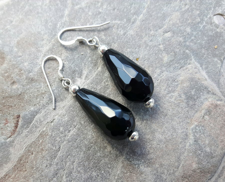Sterling Silver and Faceted Black Onyx Drop Earrings 