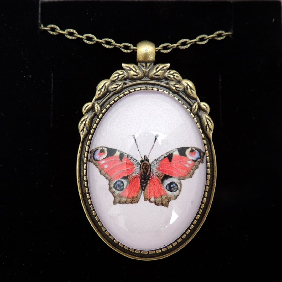 Peacock Butterfly Pendant Necklace - Bronze Leaf Style
