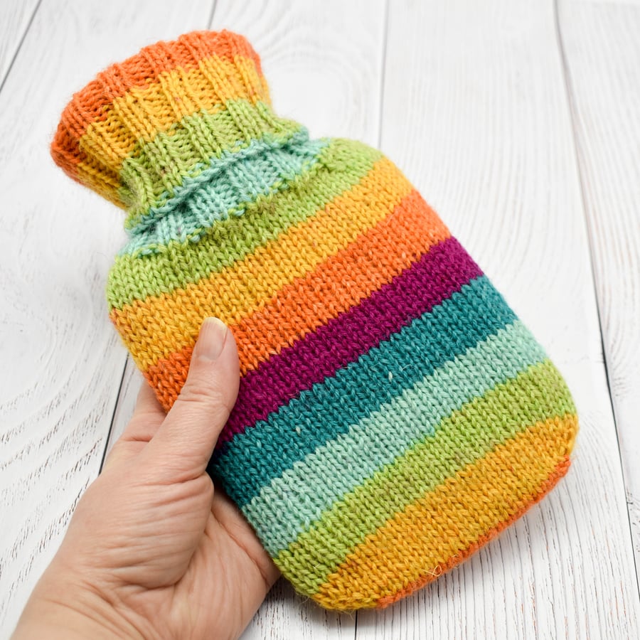 SOLD Hand knitted Hot Water Bottle Cover - Multicolour