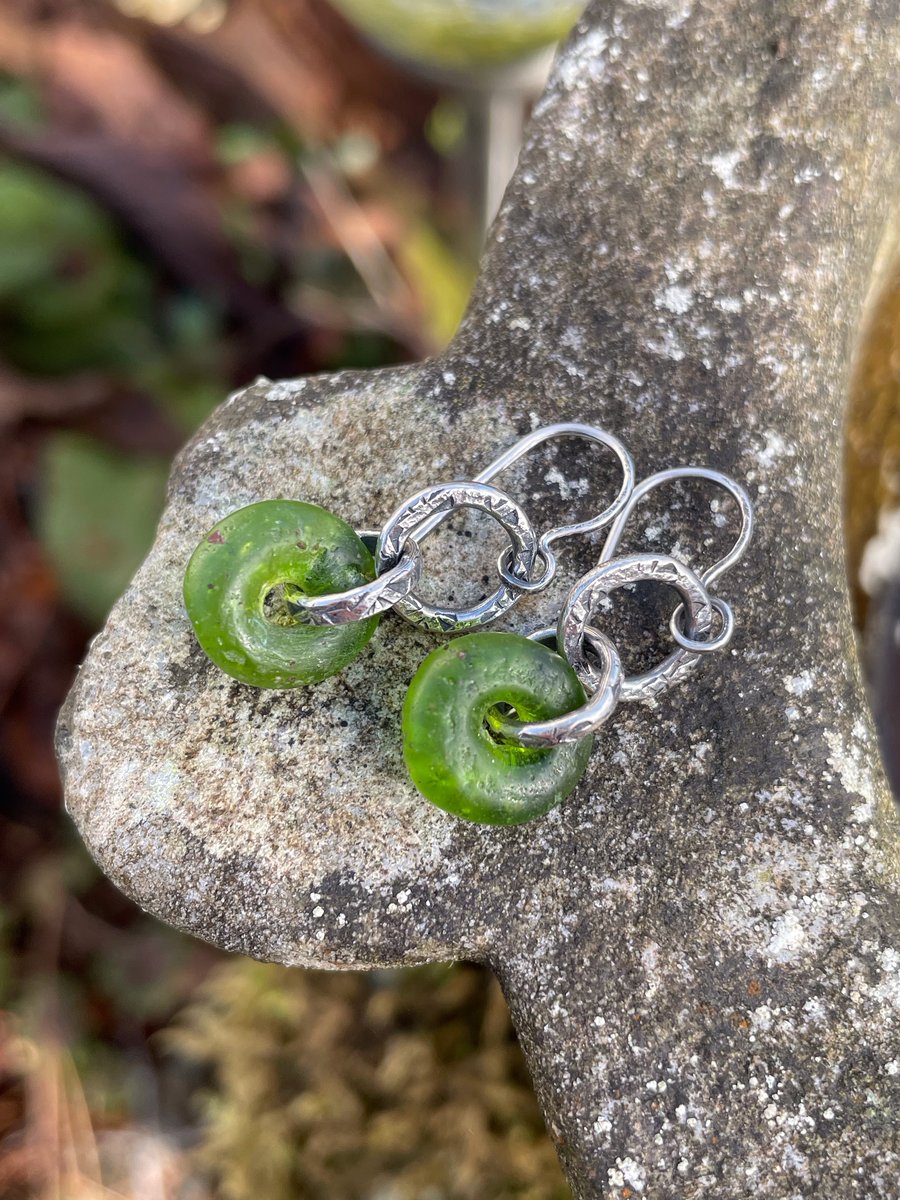 Peridot green recycled African glass and oxidised silver small dangle earrings