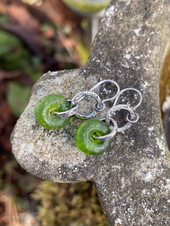 Peridot green recycled African glass and oxidised silver small dangle earrings