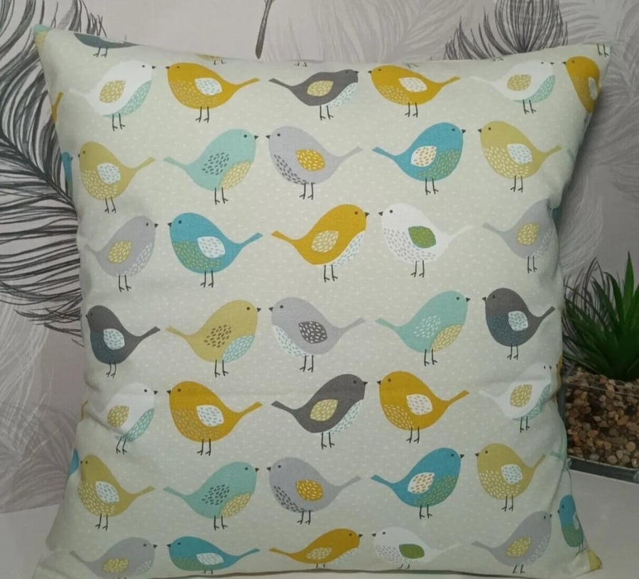 16" Scandi Birds Teal Ochre Grey Cushion Cover 100% Cotton Handmade