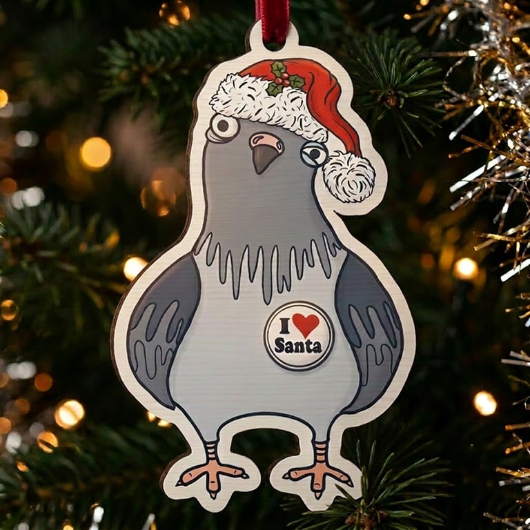 I Love Santa Pigeon Wooden Decoration - Funny Illustrated Christmas Ornament