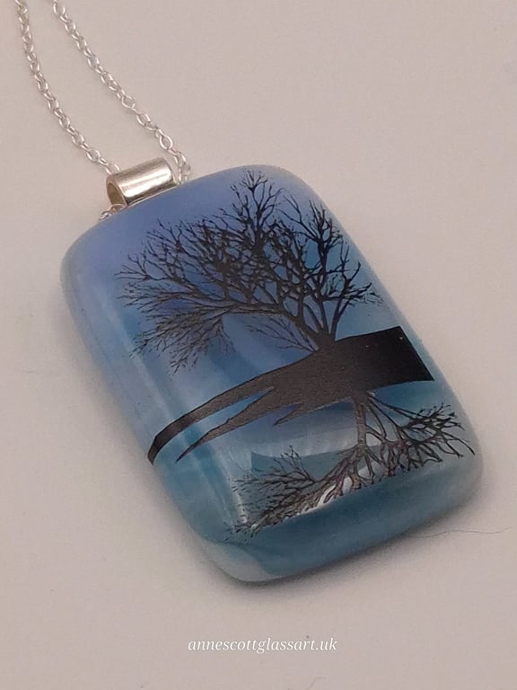 Tree Over Water On Blue (1), Fused Glass Pendant with Sterling Silver Findings