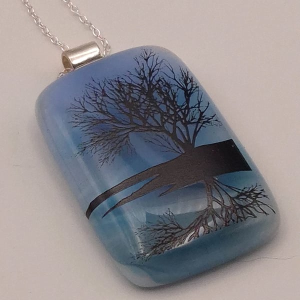 Tree Over Water On Blue (1), Fused Glass Pendant with Sterling Silver Findings