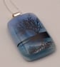 Tree Over Water On Blue (1), Fused Glass Pendant with Sterling Silver Findings