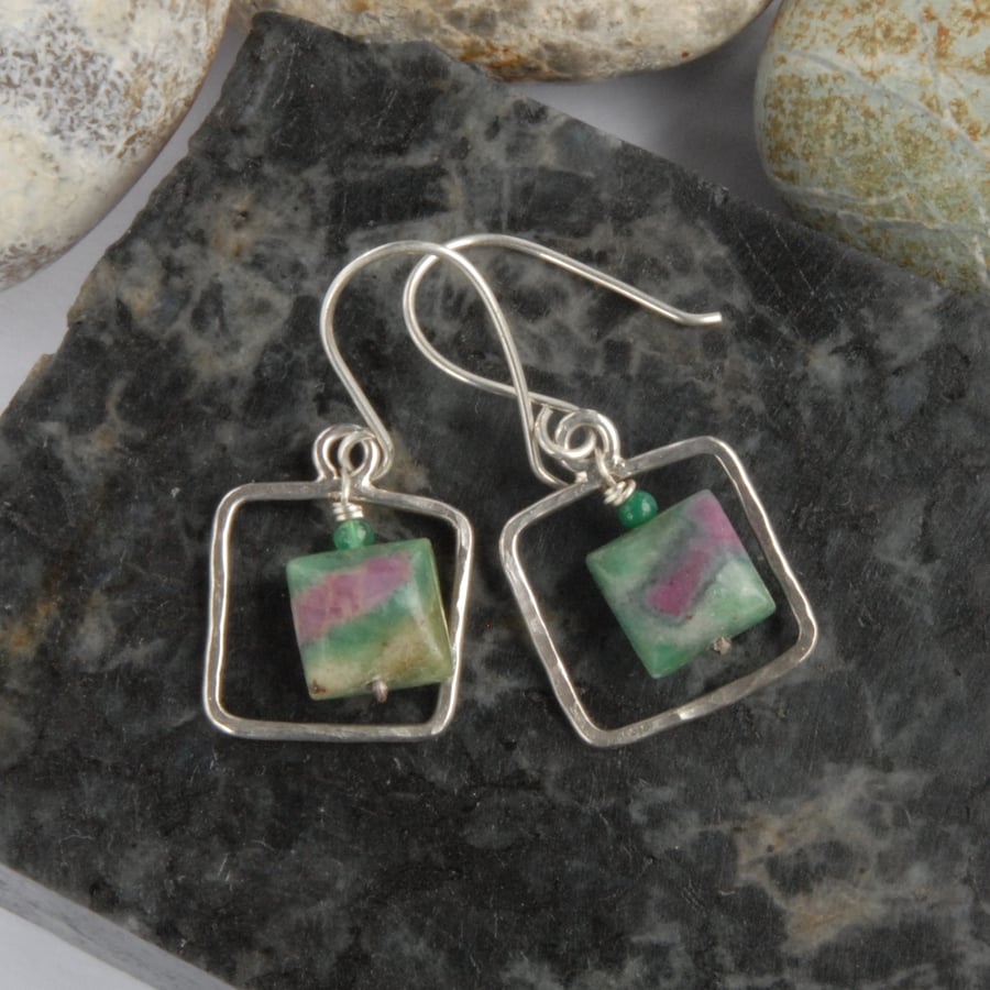 Ruby in fuchsite and sterling silver earrings (pink and green)