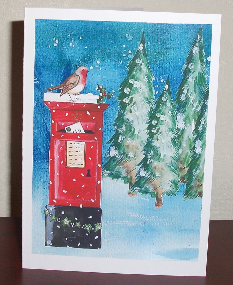 Christmas card, Post box with Robin in woods