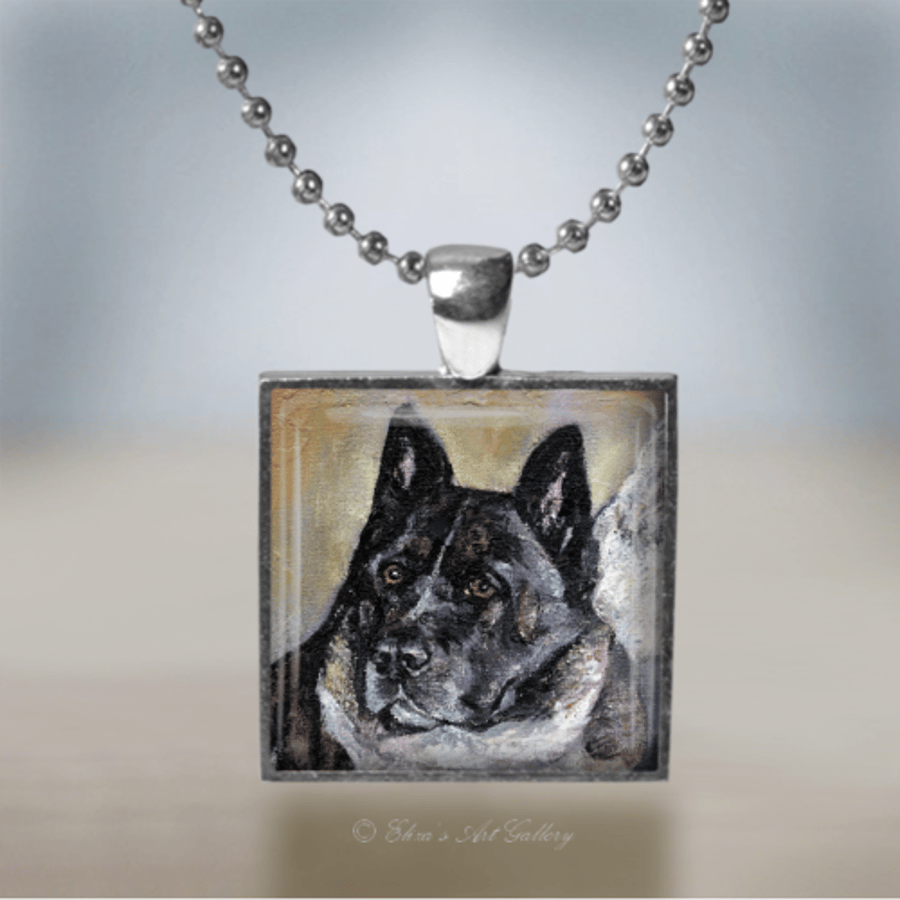 Silver Plated Akita Dog Art Pendant Necklace