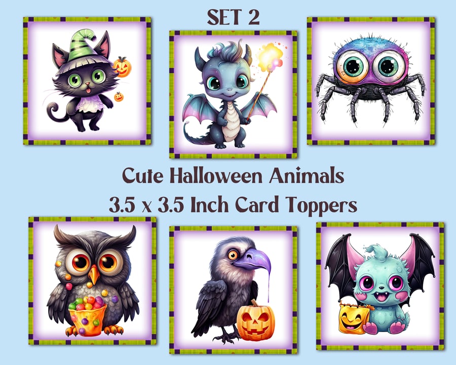 Cute Halloween Animals Square Card Toppers for Card Making, Tags, Journals