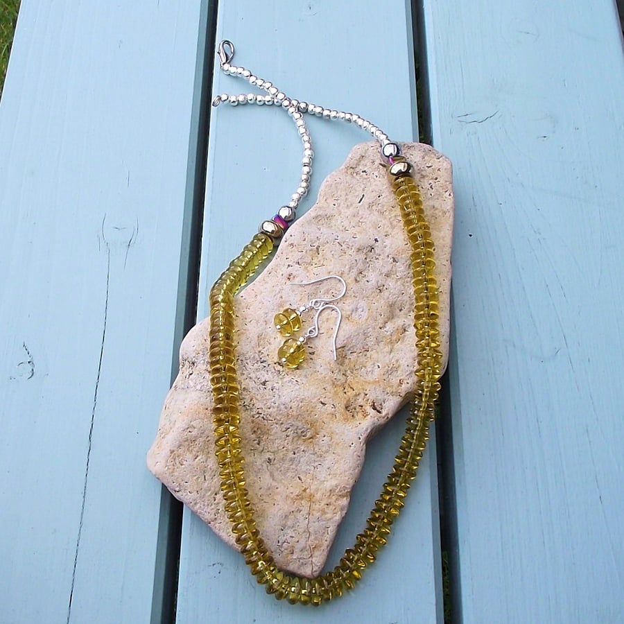 Yellow glass and haematite necklace earrings set gemstone silver rainbow  vintage