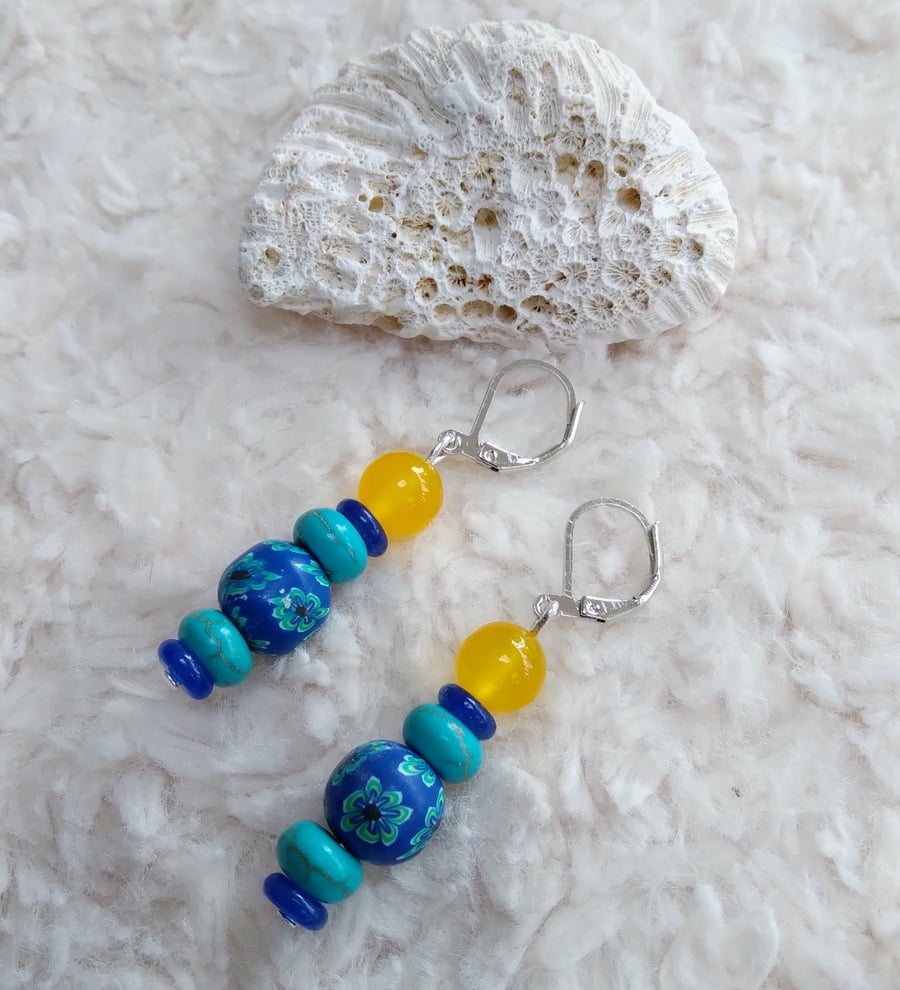 Blue, yellow Jade and Turquoise silvertone EARRINGS