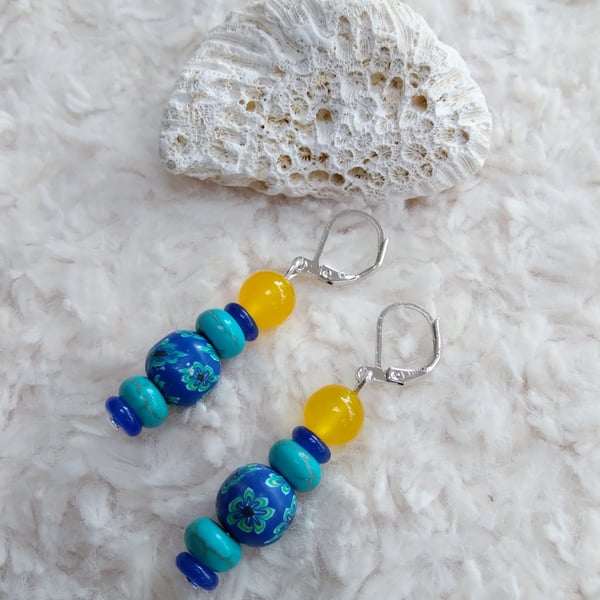 Blue, yellow Jade and Turquoise silvertone EARRINGS