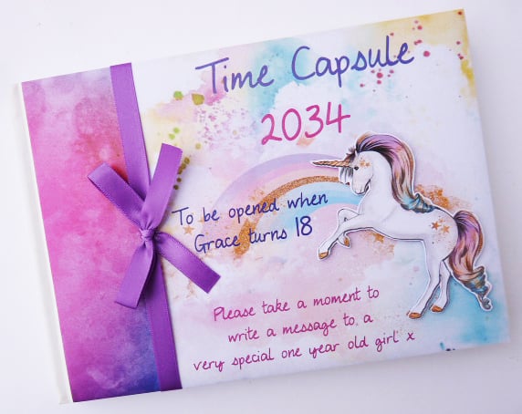 Personalised Unicorn Birthday guest book, unicorn time capsule book, gift