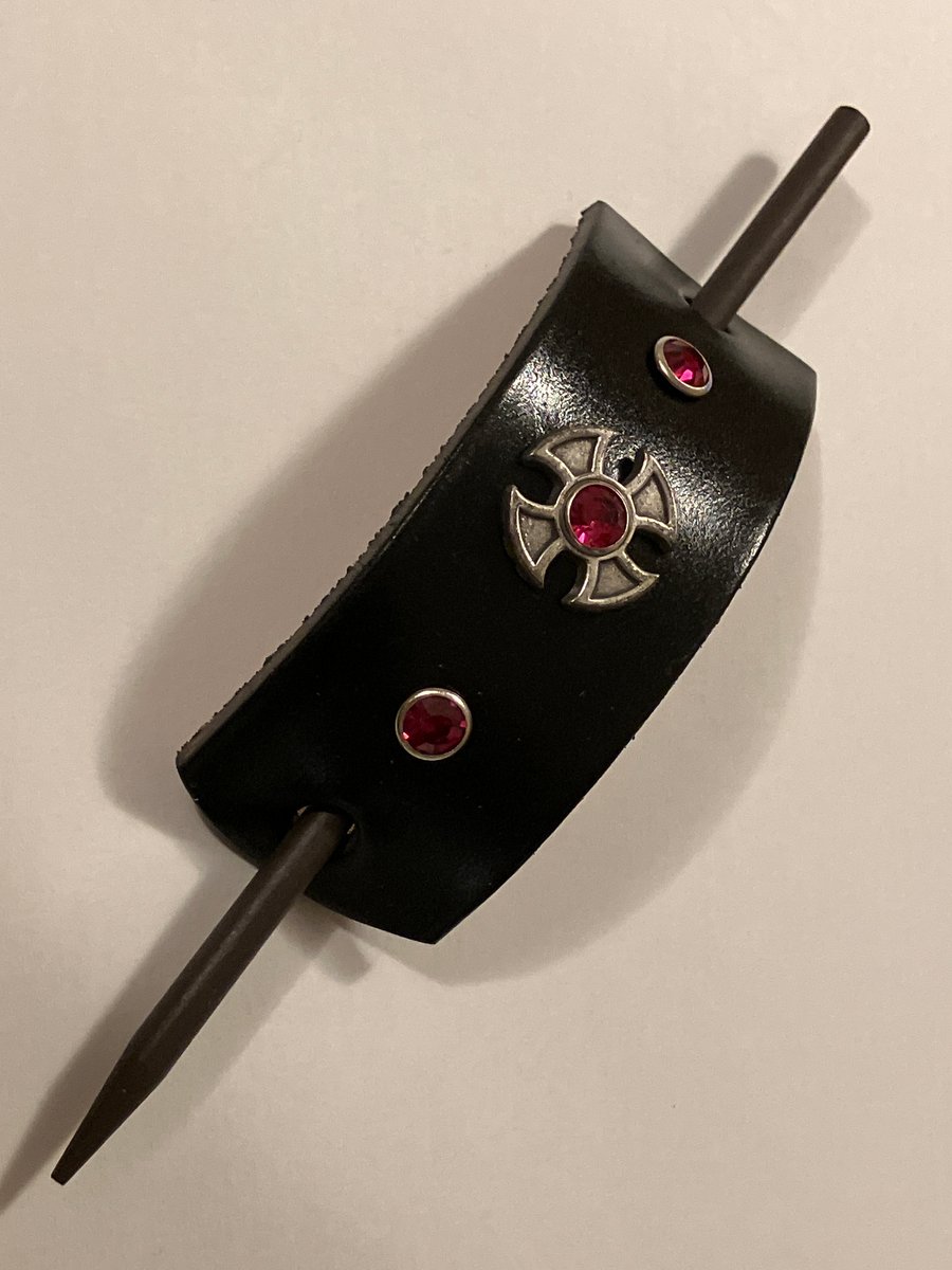 Dyed Black Leather HairStick Barrette W Iron Cross Centre & light Red Gems