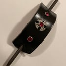 Dyed Black Leather HairStick Barrette W Iron Cross Centre & light Red Gems